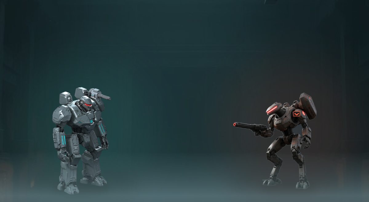 Two mechs facing each other in the duel hall.